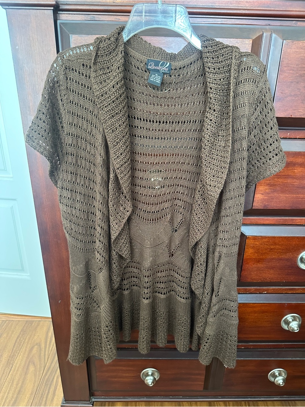 Questions Brown Open-Front Crochet Knit Cardigan  XL